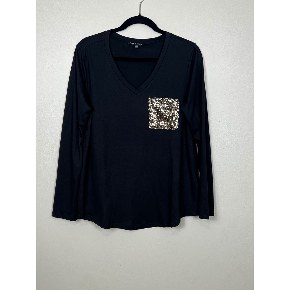 Aria & Clara Womens Black Long Sleeve V-Neck Sequin Pocket Top TNR6819 Size M